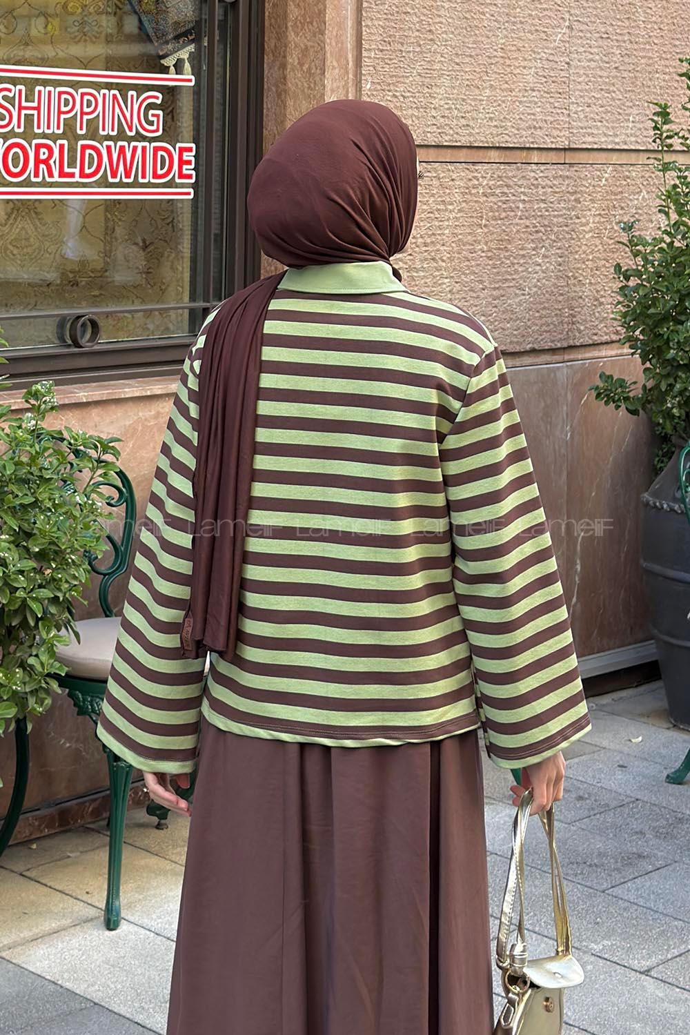 Lamelif Polo Yaka Düğmeli Çizgili Sweat Yeşil Kahverengi