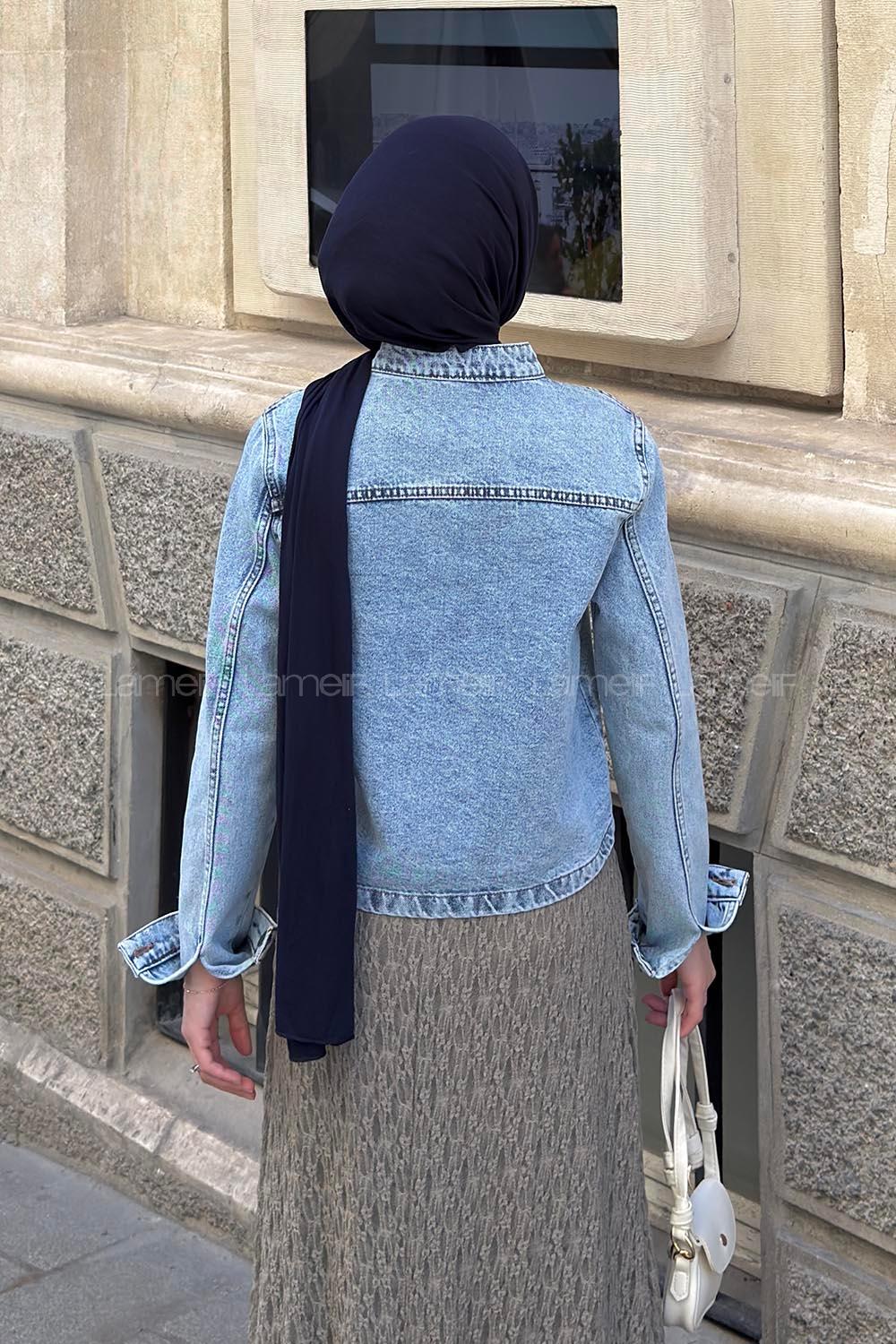 Lamelif Süs Düğme Tasarımlı Kot Ceket Açık Mavi