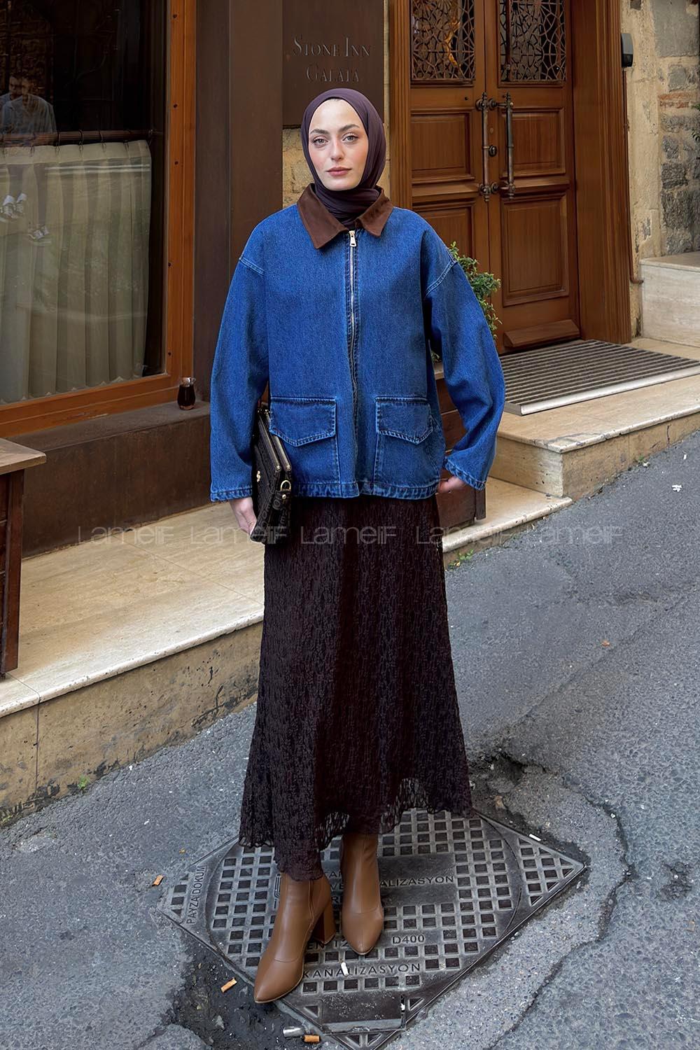 Lamelif Yaka Garnili Kot Ceket Koyu Mavi