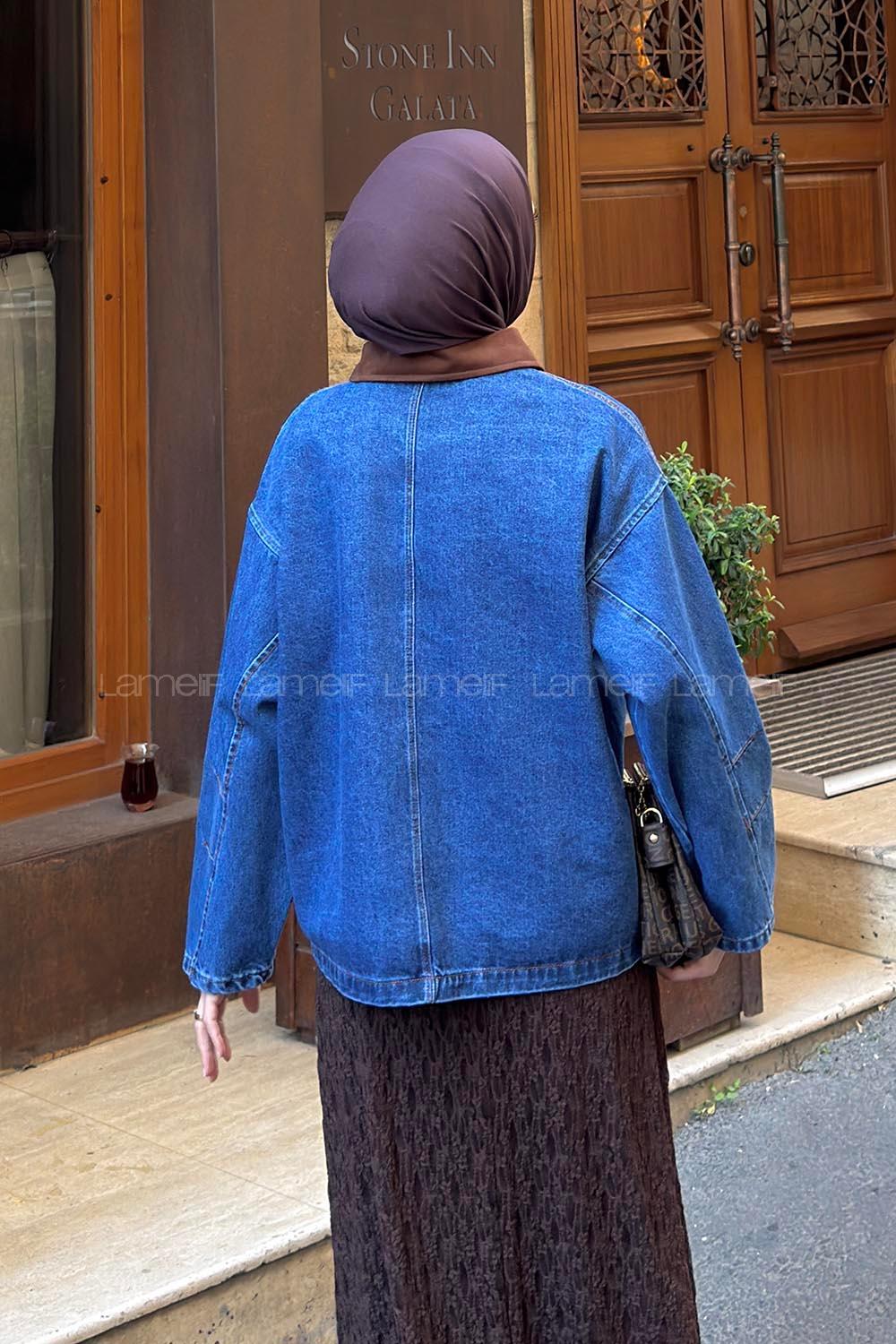 Lamelif Yaka Garnili Kot Ceket Koyu Mavi