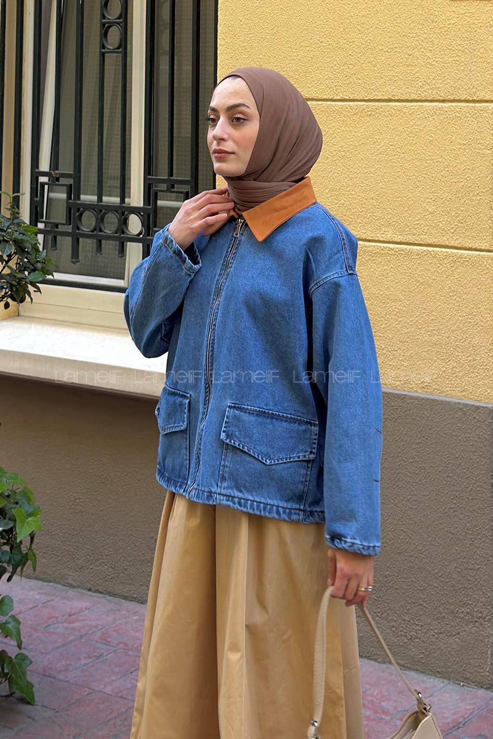 Lamelif Yaka Garnili Kot Ceket Mavi