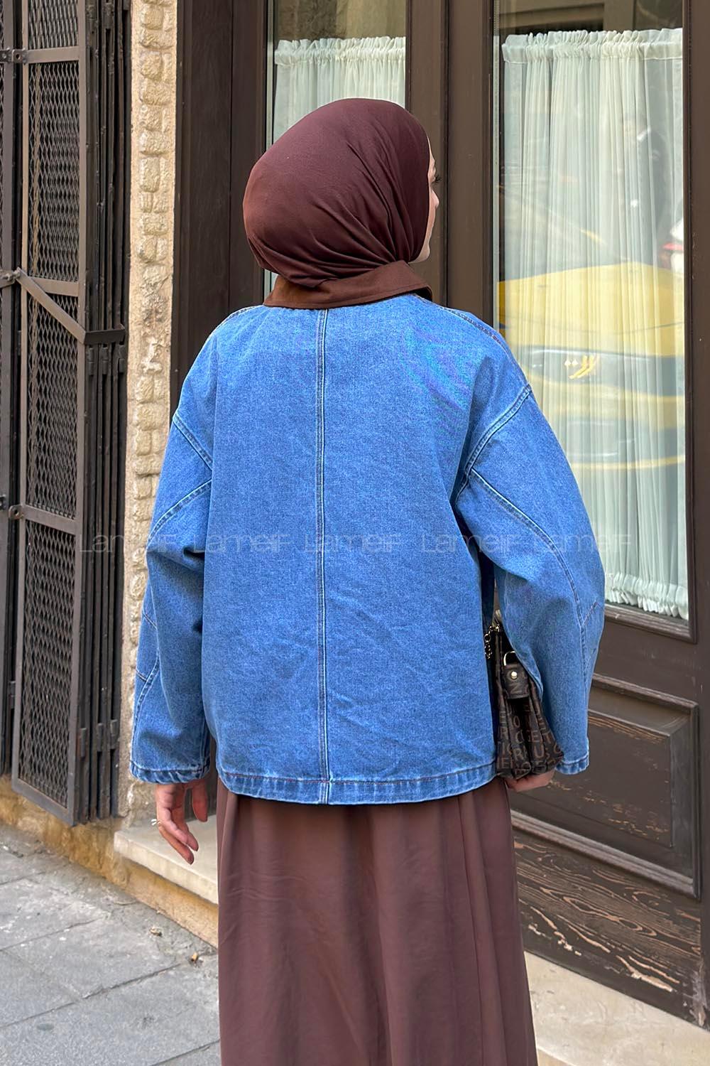 Lamelif Yaka Garnili Kot Ceket Mavi
