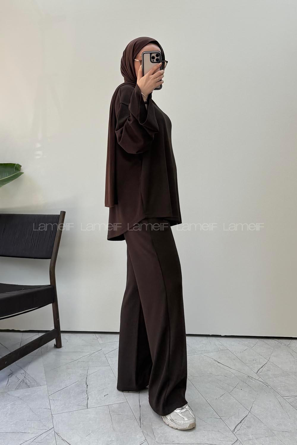 Brown Crew Neck Long Arm Without Accessories Regular Trousers Suit
