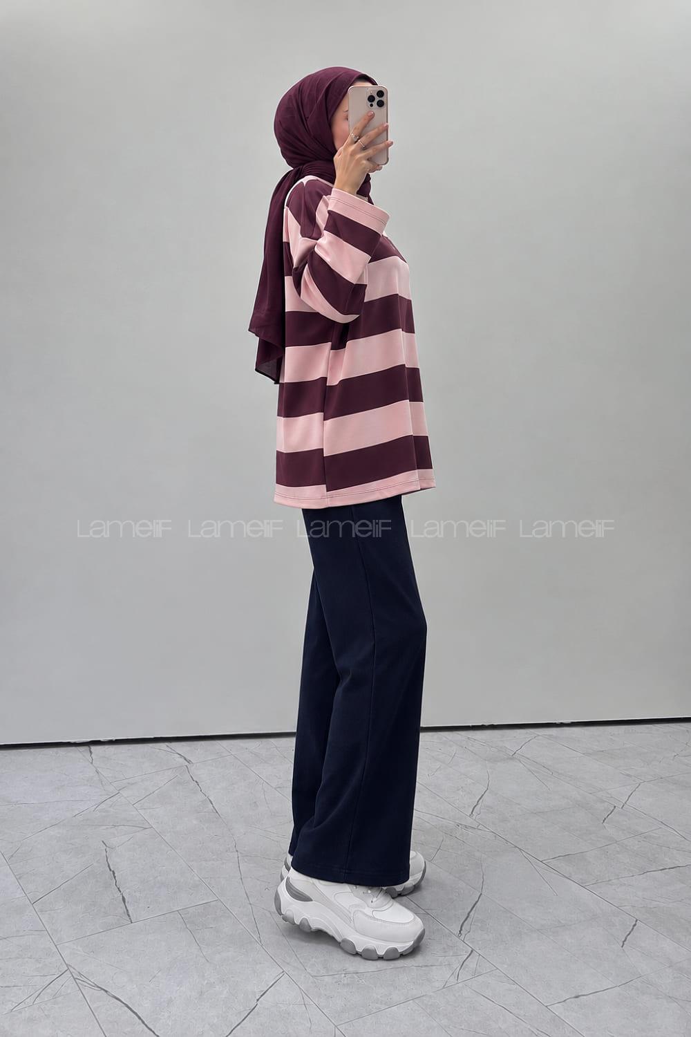 Lamelif Bisiklet Yaka Oysho Kumaş Tunik Bordo Pembe