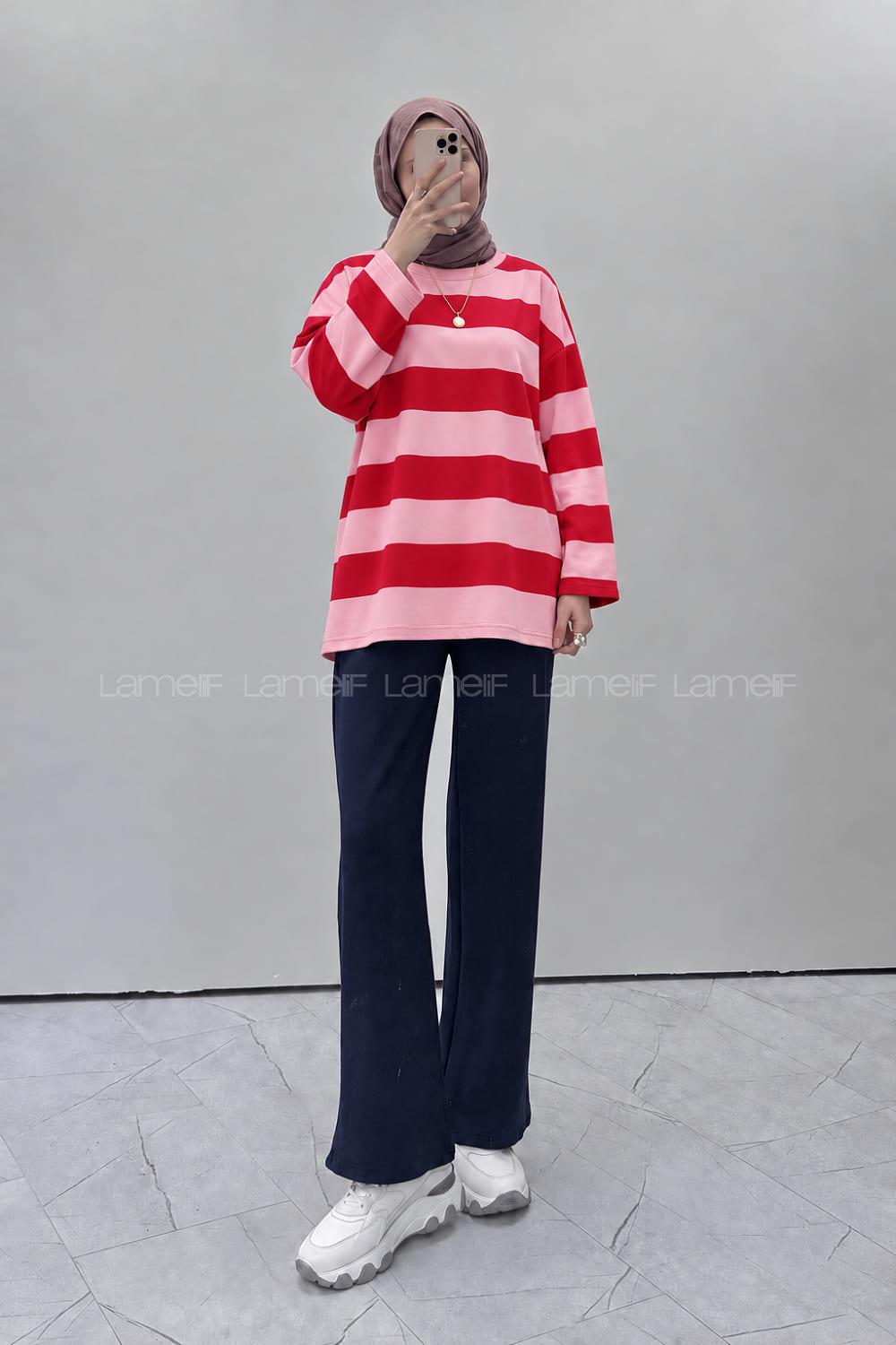 Lamelif Bisiklet Yaka Oysho Kumaş Tunik Kırmızı Pembe