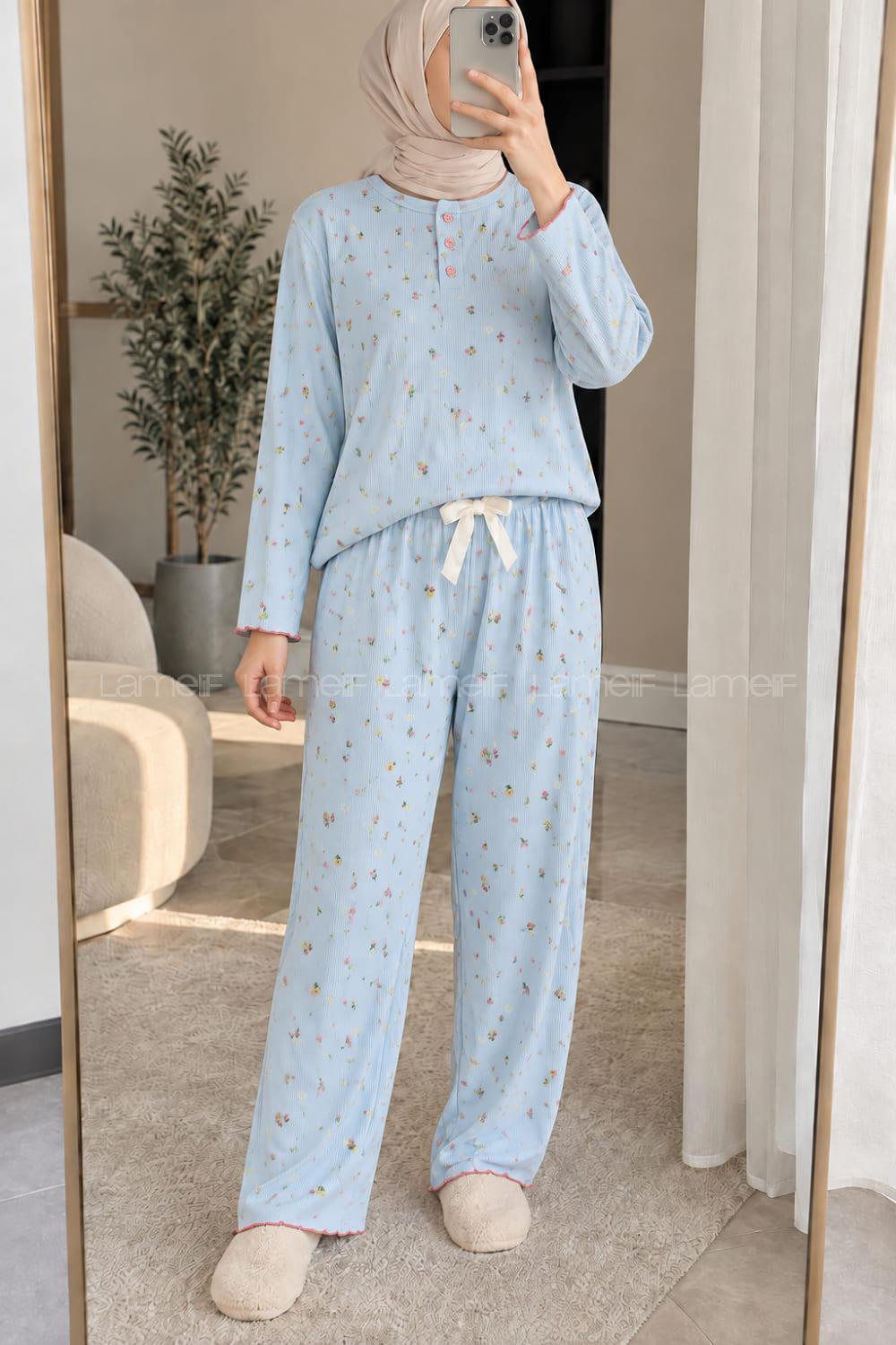 Lamelif Çiçek Desenli Düğmeli Fitilli Pijama Takımı