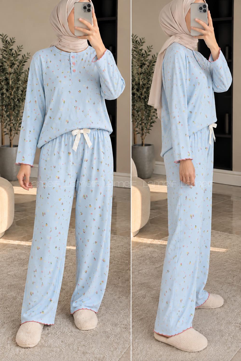 Lamelif Çiçek Desenli Düğmeli Fitilli Pijama Takımı