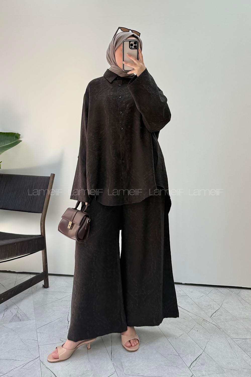 Lamelif Desenli Viskon Takım Acı Kahve