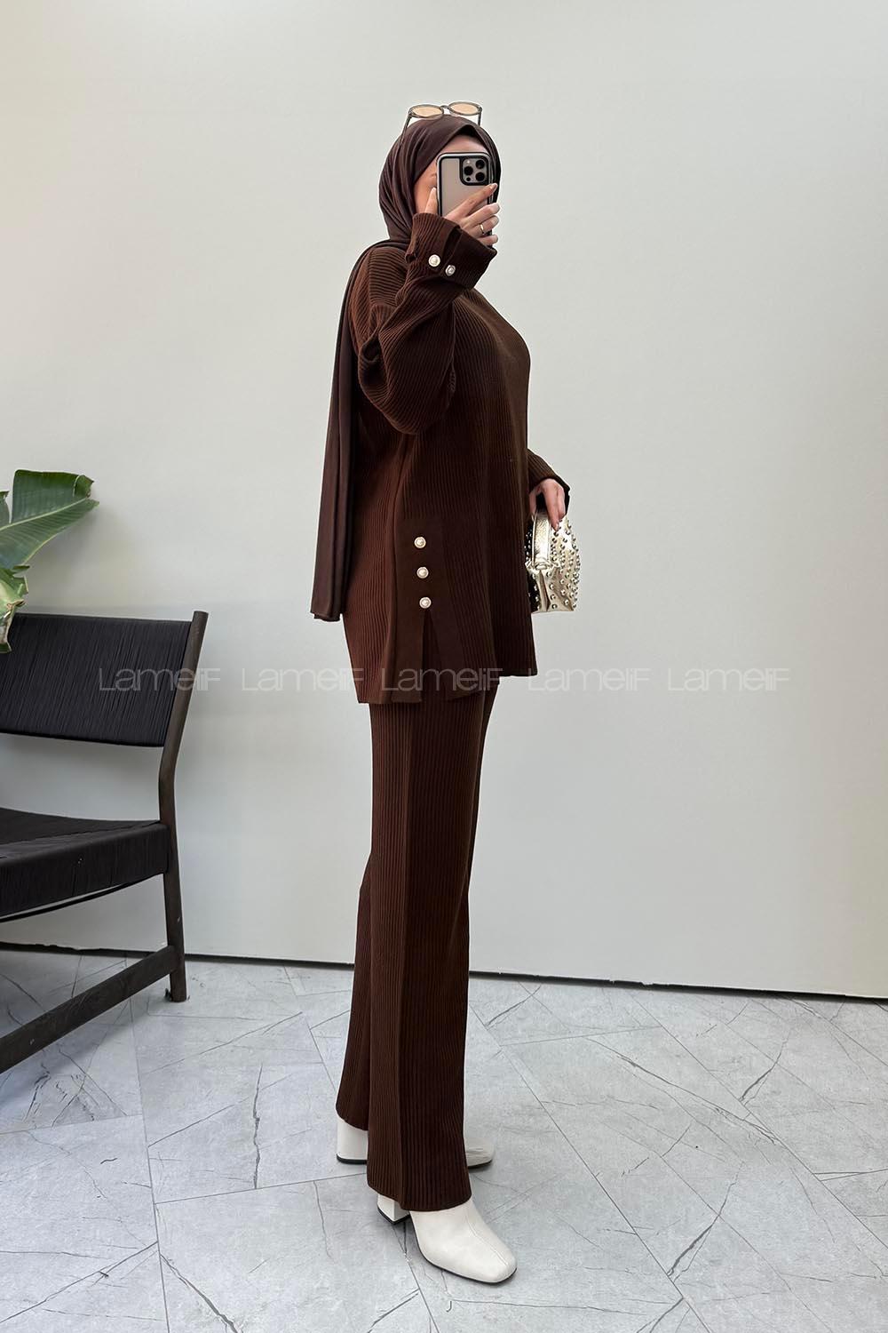 Lamelif Düğme Detaylı Fitilli Triko Takım Acı Kahve