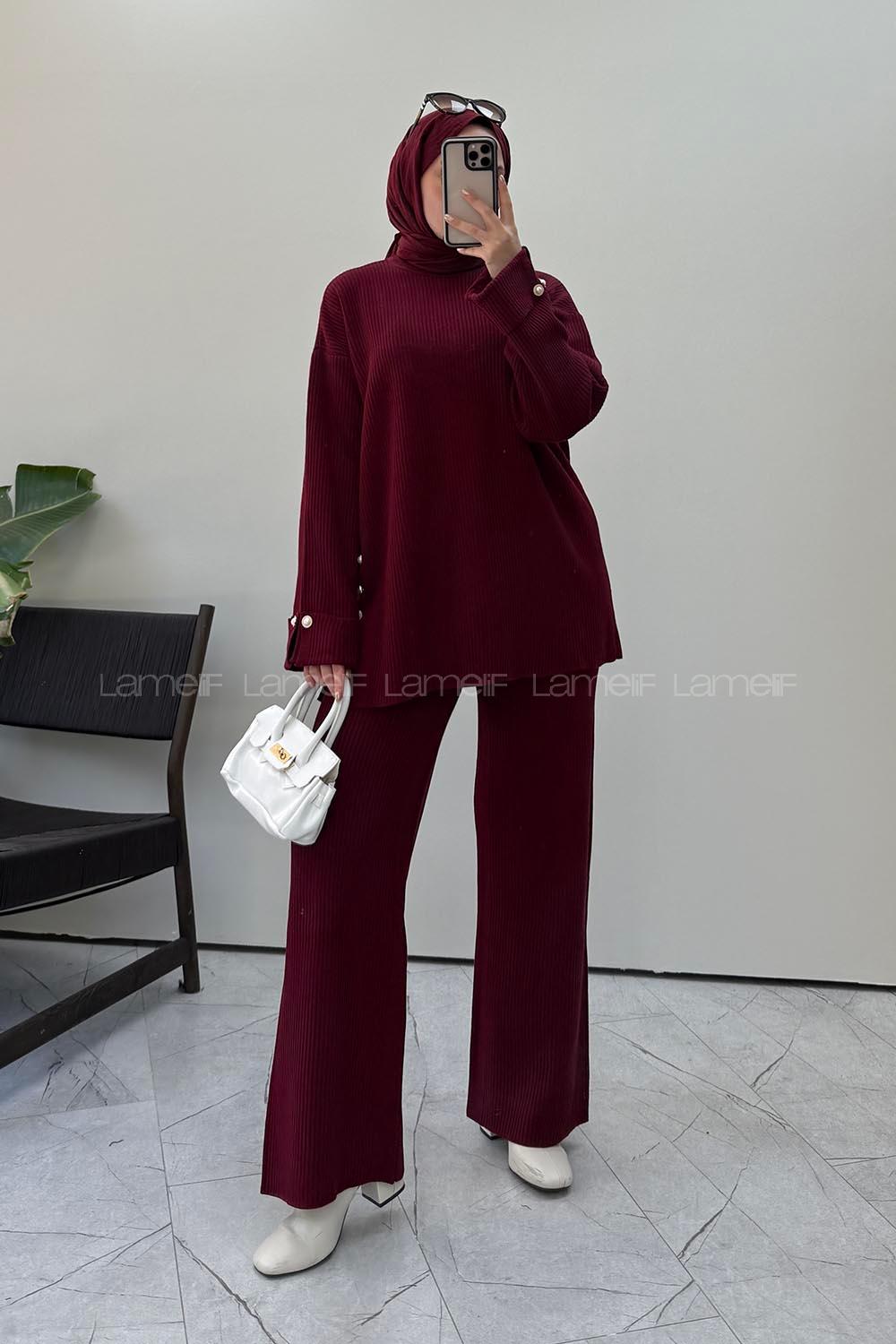 Lamelif Düğme Detaylı Fitilli Triko Takım Bordo