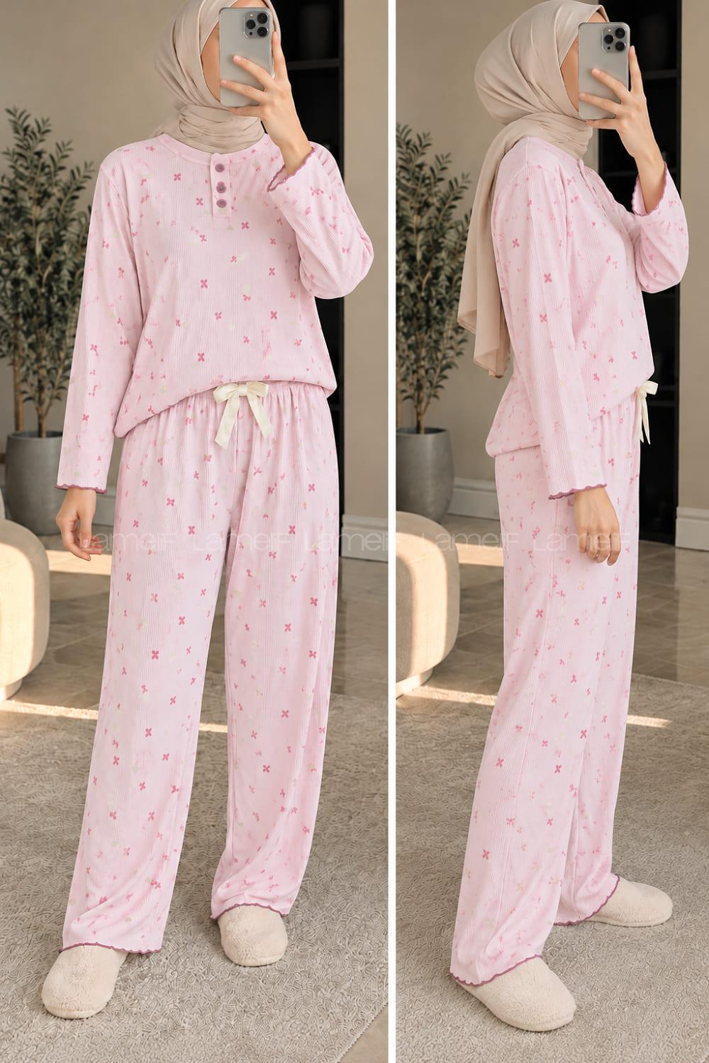 Lamelif Fiyonk Desenli Düğmeli Fitilli Pijama Takımı