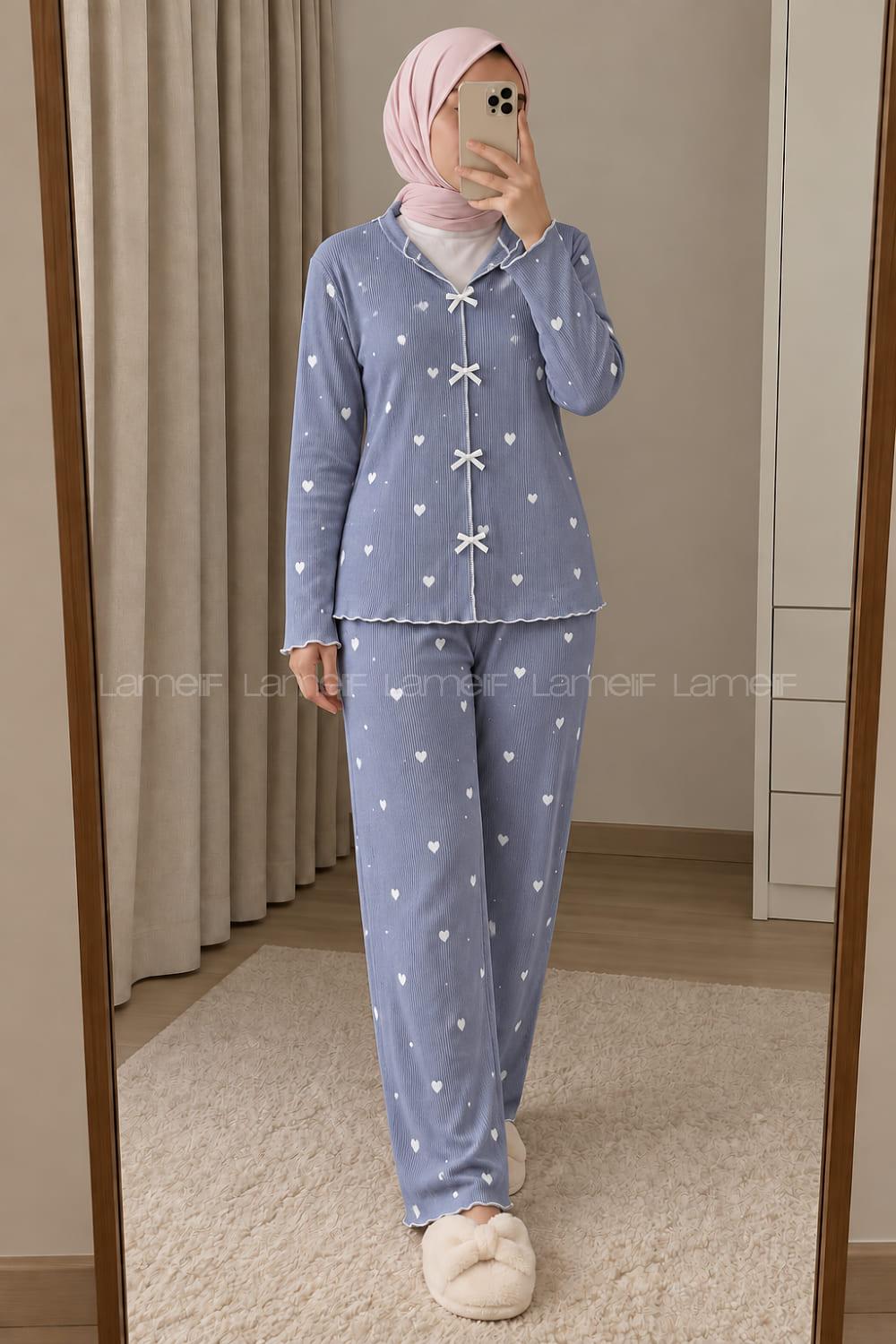 Lamelif Fiyonk Detaylı Kalp Desenli Kaşkorse Pijama Takımı