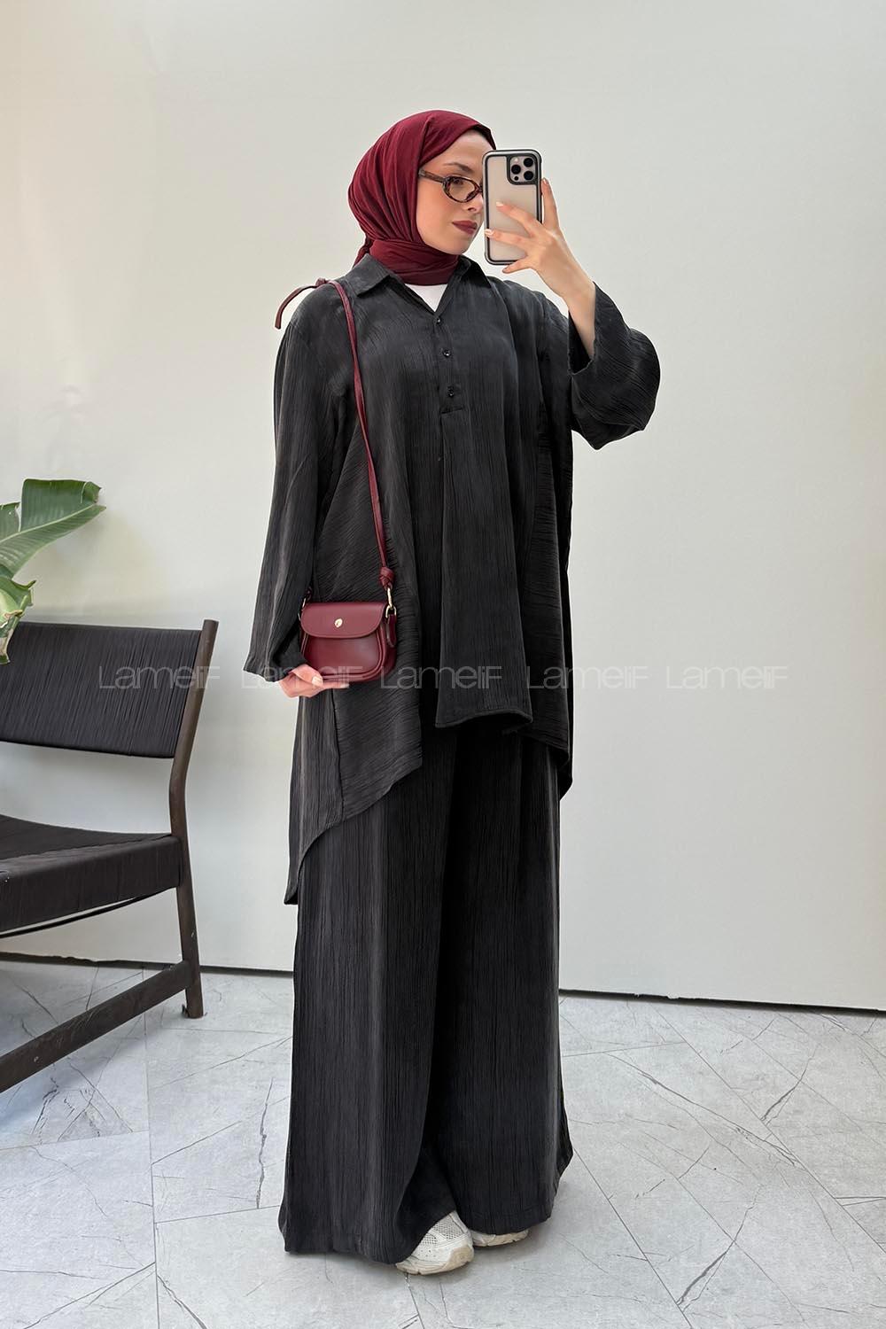 Lamelif Gömlek-Pantolon Salaş Takım Siyah
