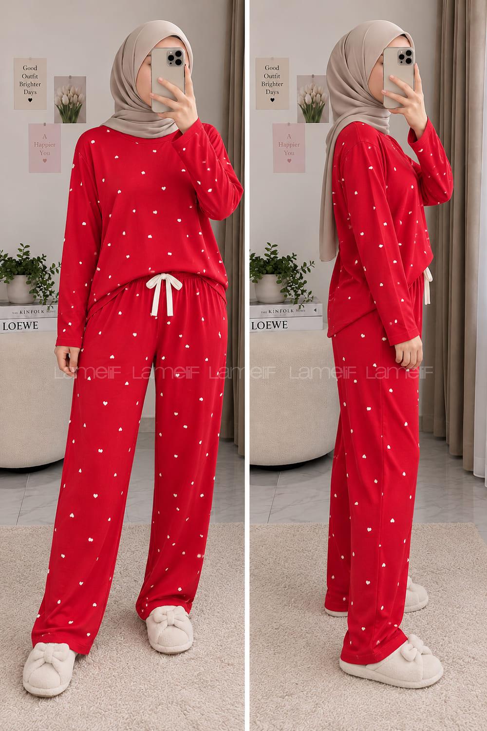 Lamelif Kırmızı Kalp Detaylı Pijama Takımı