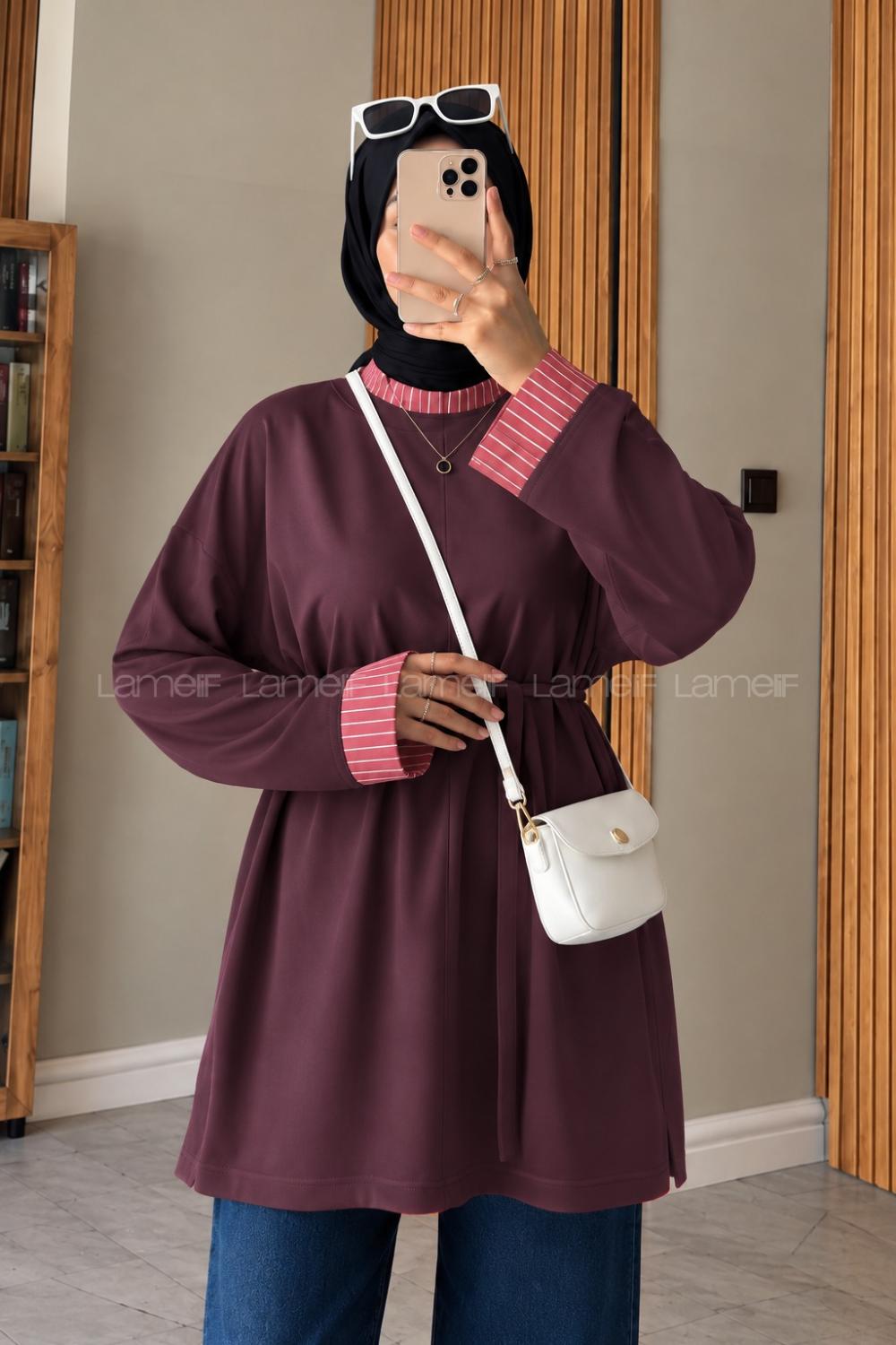 Lamelif Kolları Çizgi Manşet Katlamalı Tunik Mürdüm