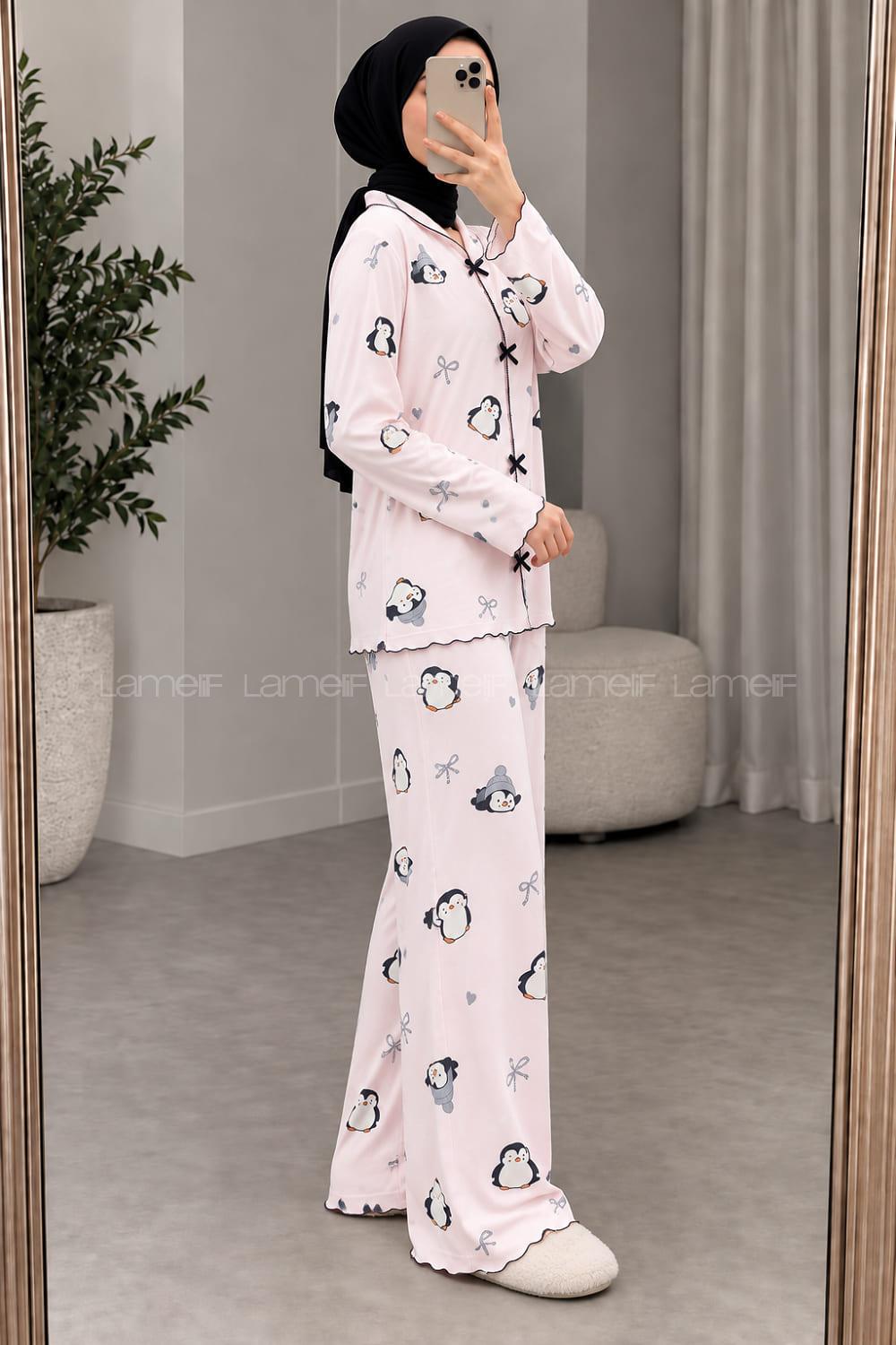 Lamelif Penguen Desenli Fiyonk Detaylı Pijama Takımı