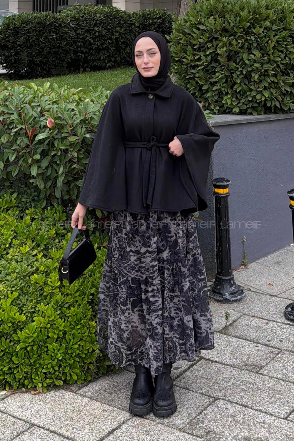 Lamelif Bağlama Detaylı Kaşe Panço Siyah