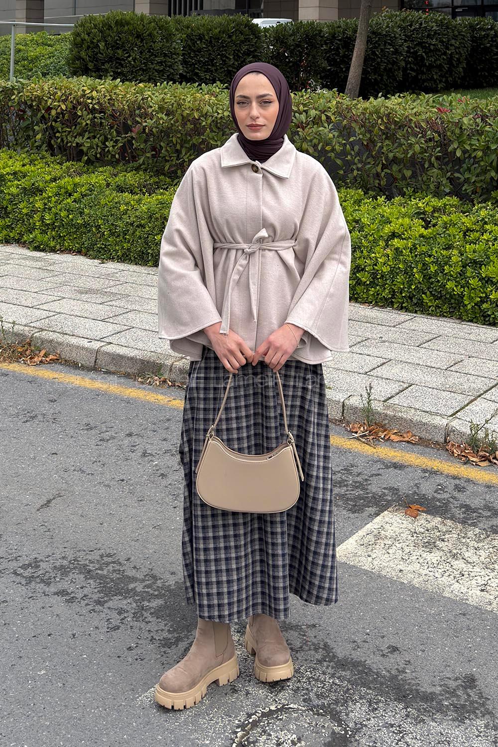 Lamelif Bağlama Detaylı Kaşe Panço Taş Rengi