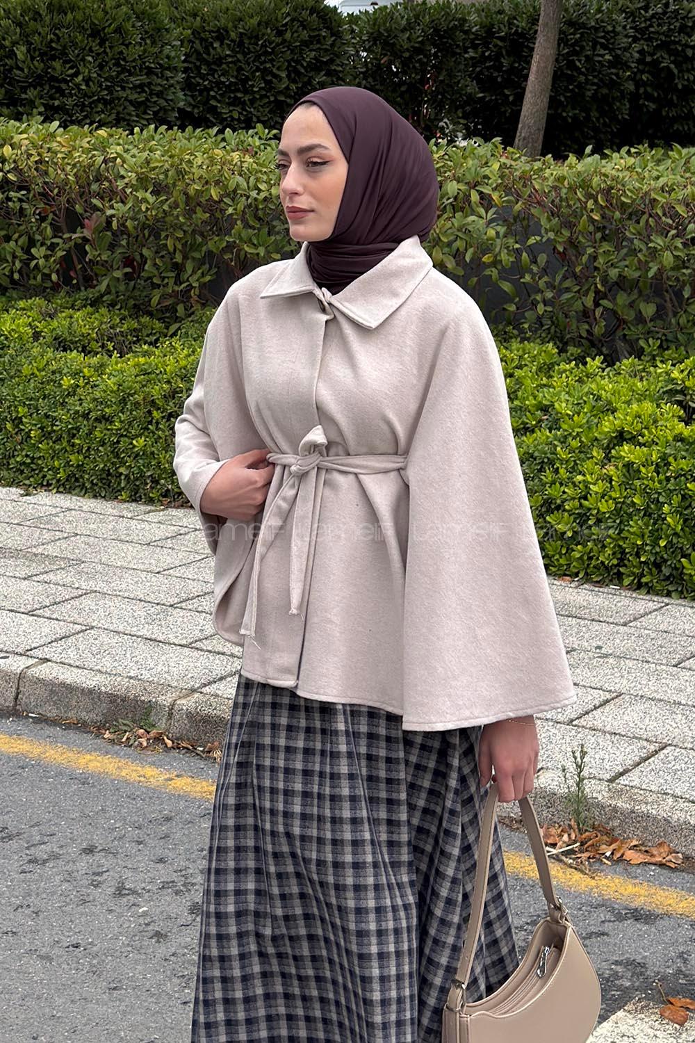 Lamelif Bağlama Detaylı Kaşe Panço Taş Rengi