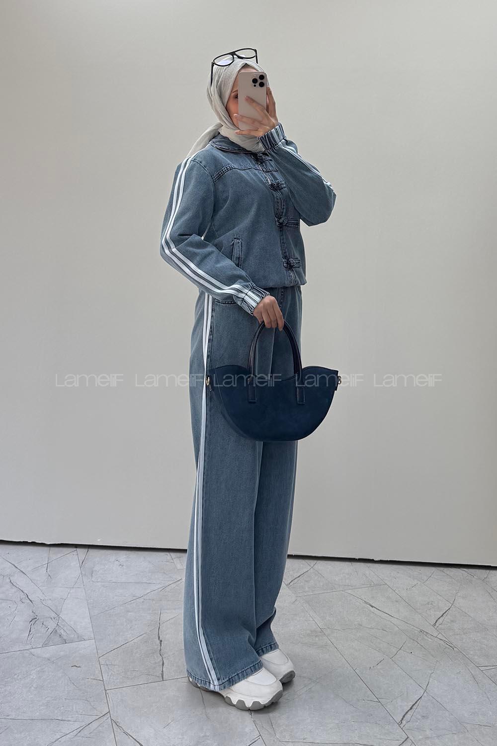 Lamelif Biritli Şerit Detaylı Kot Takım Açık Mavi