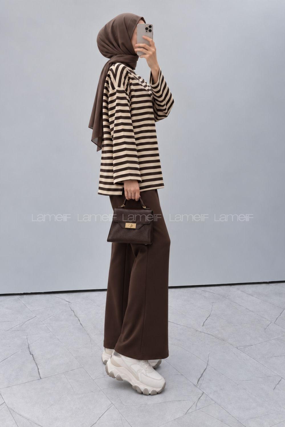 Lamelif Çizgili Oysho Sweat Kahve-Bej