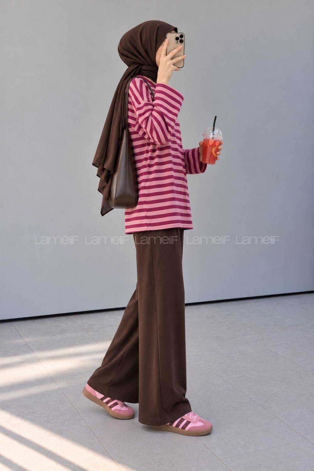 Lamelif Çizgili Oysho Sweat Pembe-Mürdüm