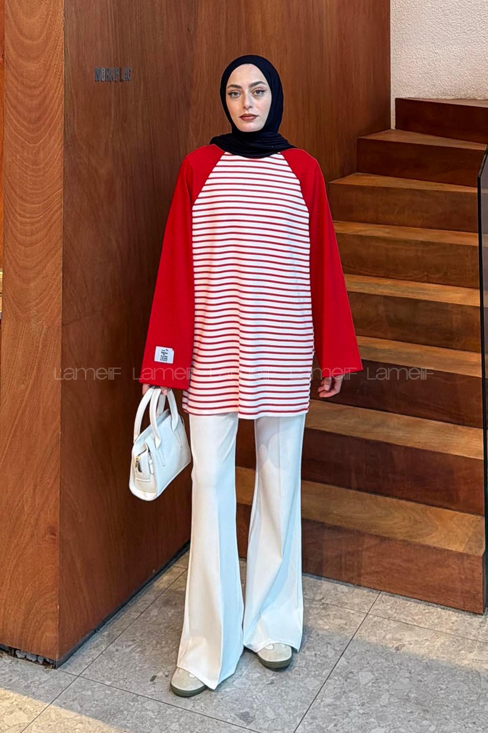 Lamelif Çizgili Oysho Tunik Kırmızı