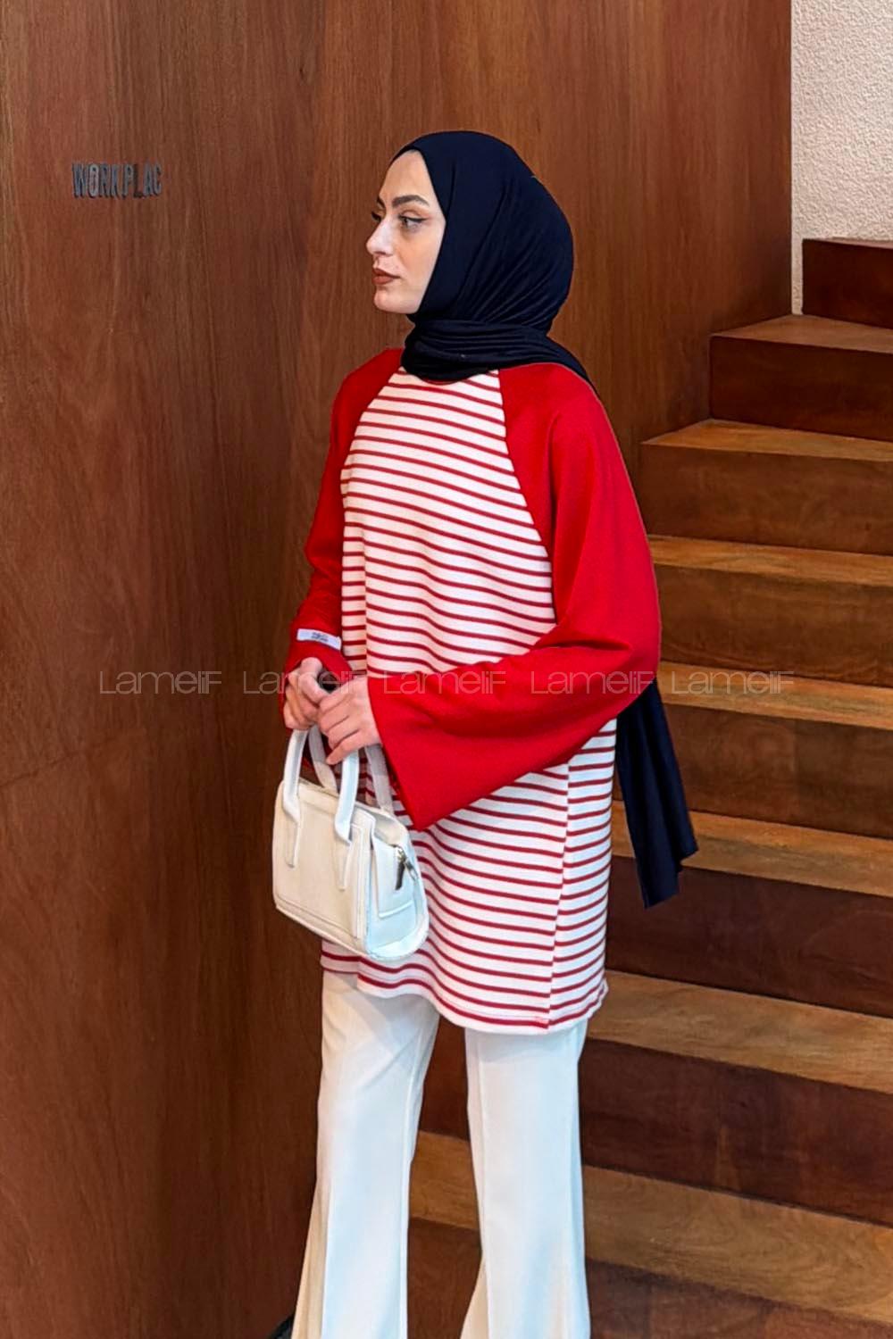 Lamelif Çizgili Oysho Tunik Kırmızı