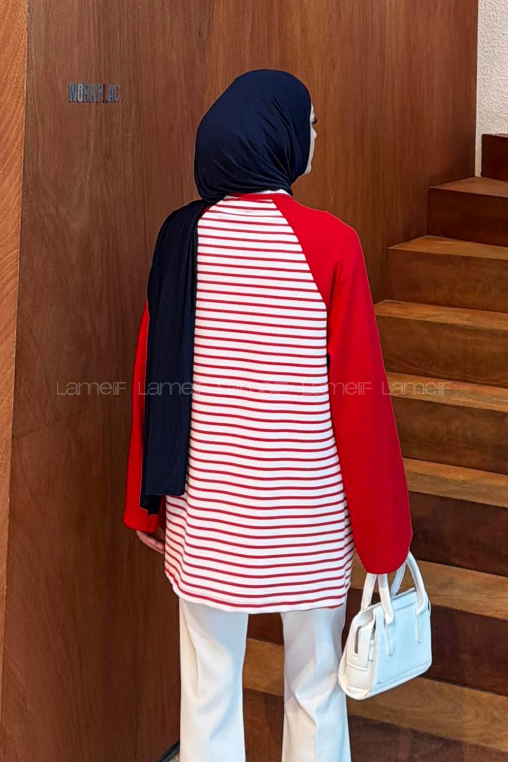 Lamelif Çizgili Oysho Tunik Kırmızı