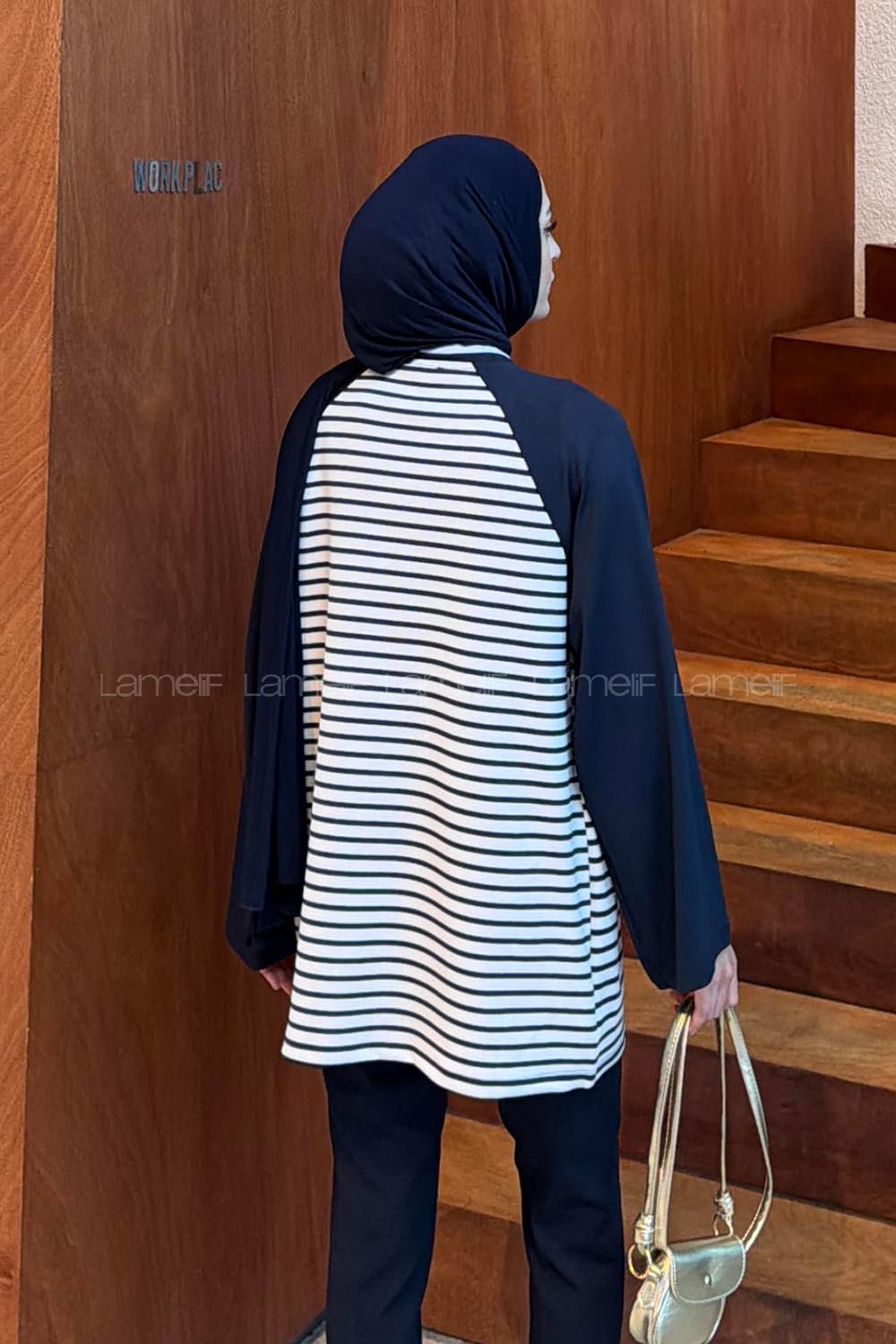 Lamelif Çizgili Oysho Tunik Lacivert