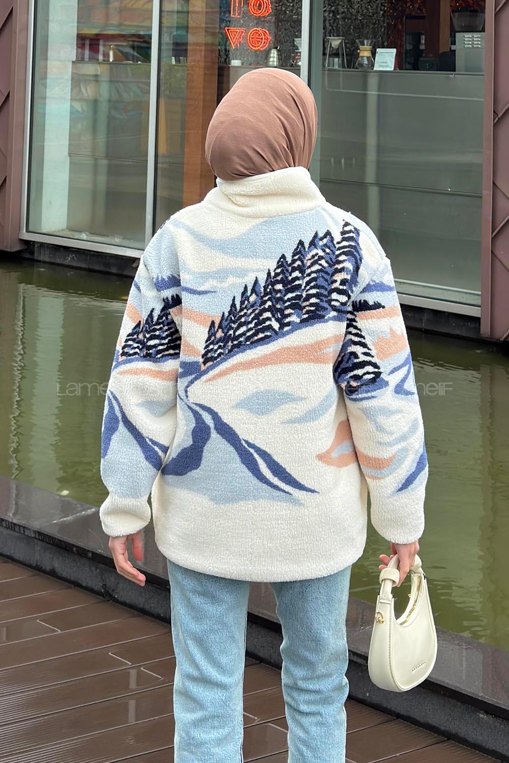Lamelif Desenli Fermuarlı Polar Ceket Beyaz