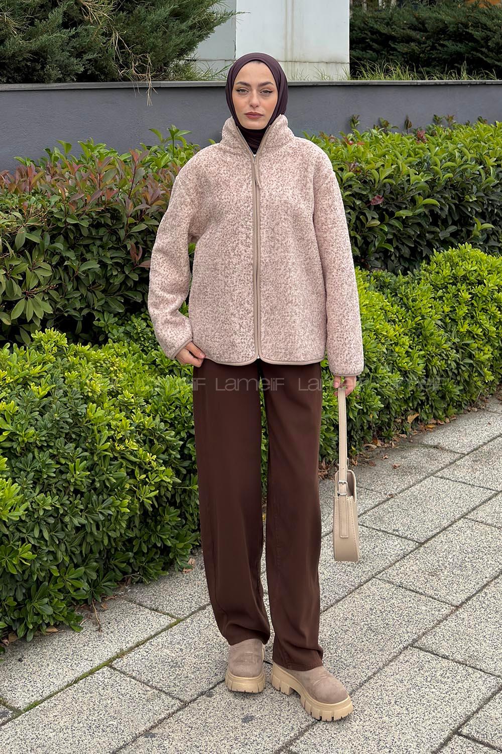 Lamelif Dik Yaka Fermuarlı Polar Ceket Bej