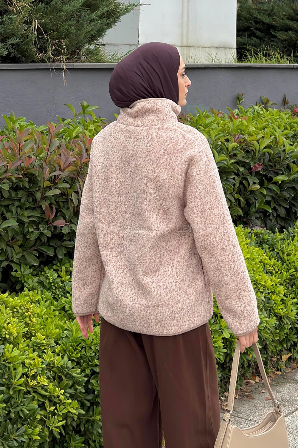 Lamelif Dik Yaka Fermuarlı Polar Ceket Bej
