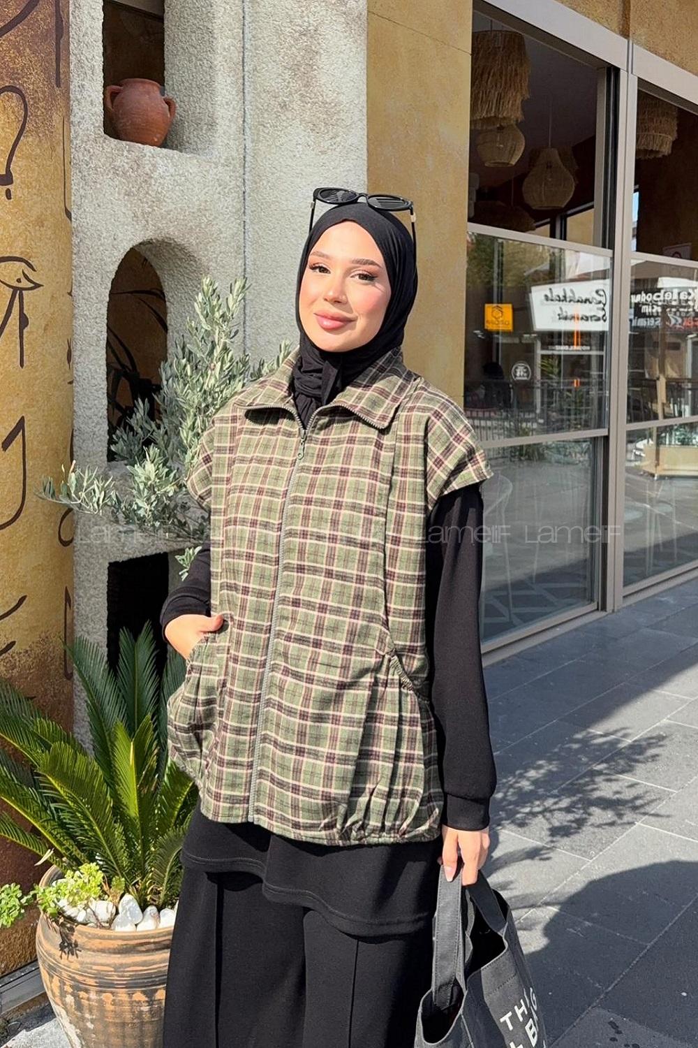 Lamelif Ekose Yelek Detaylı Üçlü Takım Haki