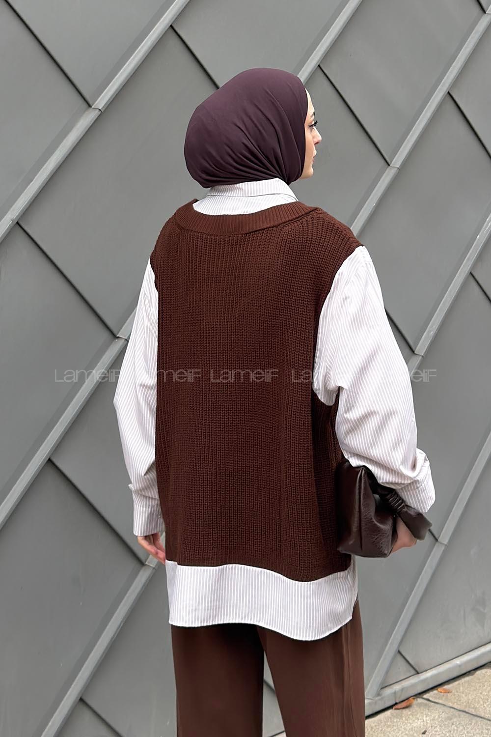 Lamelif Garnili Triko Gömlek Acı Kahve