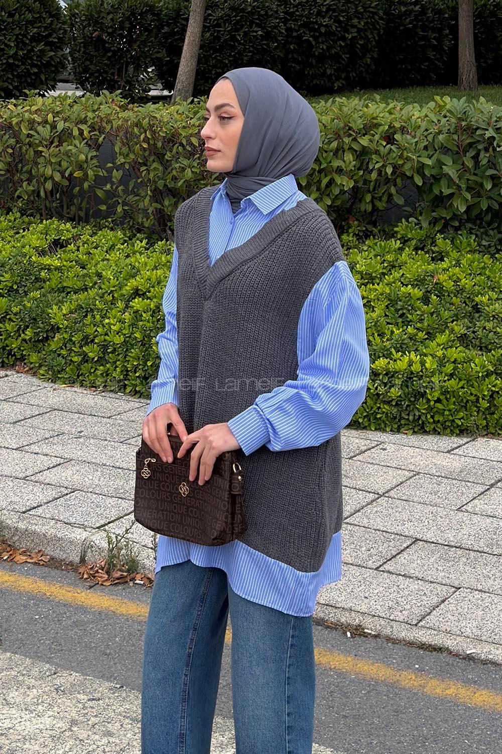 Lamelif Garnili Triko Gömlek Gri