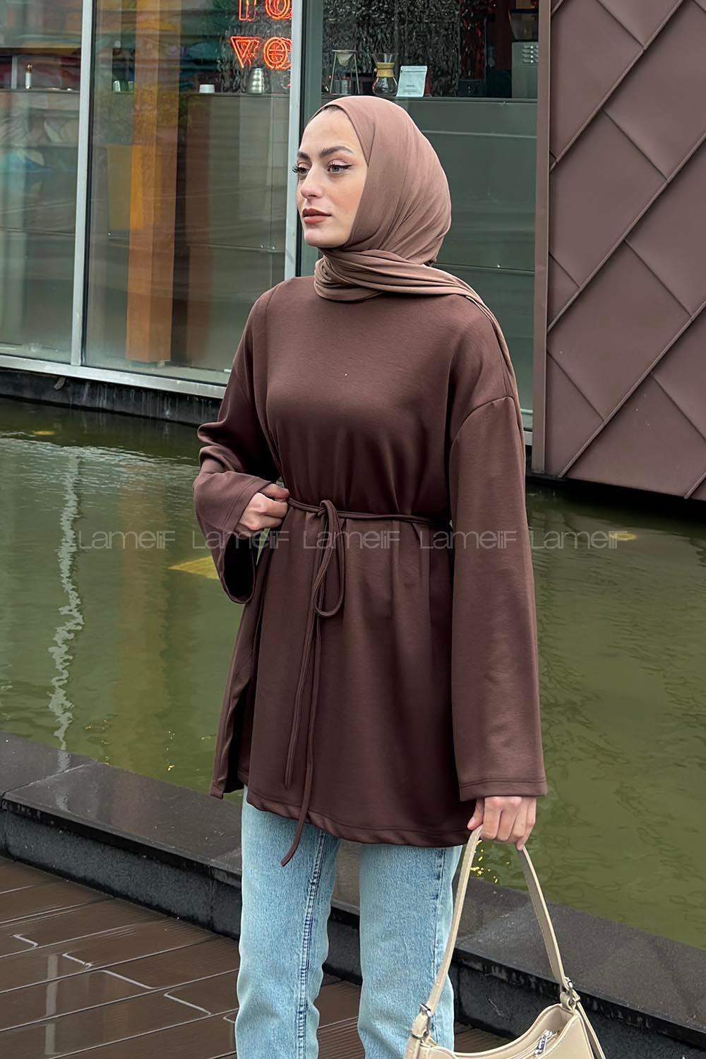 Lamelif Parça Detaylı Bağlamalı Oysho Tunik Acı Kahve