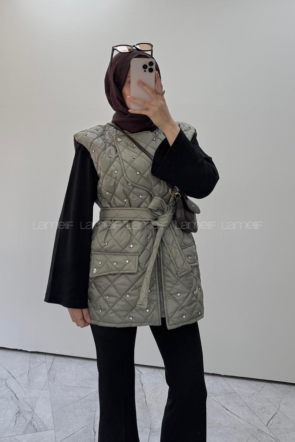 Lamelif Taş Detaylı Tasarım Şişme Yelek Çağla Yeşili