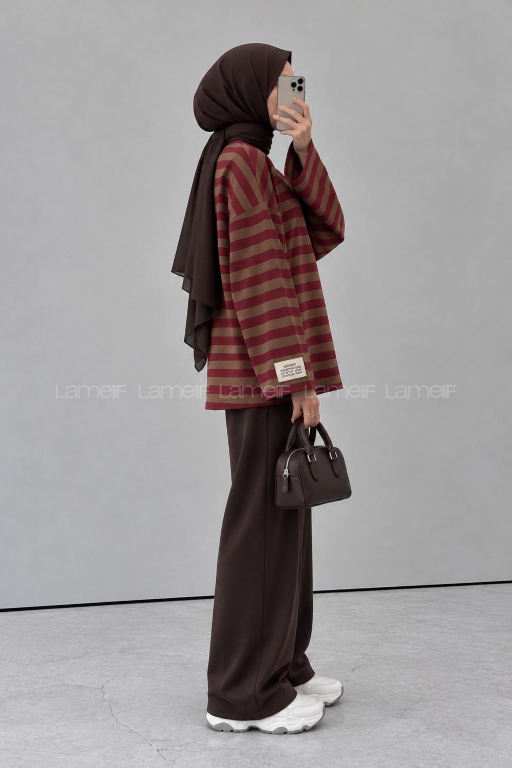 Lamelif Arma Detaylı Çizgili Basic Sweat Kahverengi Bordo