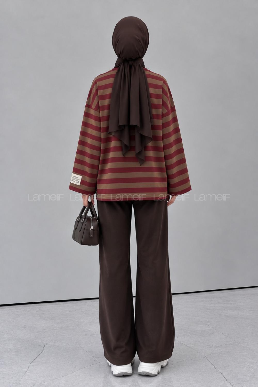 Lamelif Arma Detaylı Çizgili Basic Sweat Kahverengi Bordo