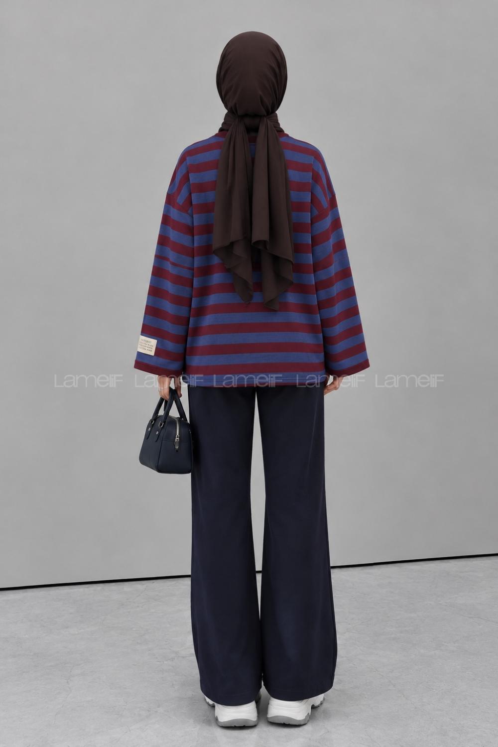 Lamelif Arma Detaylı Çizgili Basic Sweat Mavi Bordo