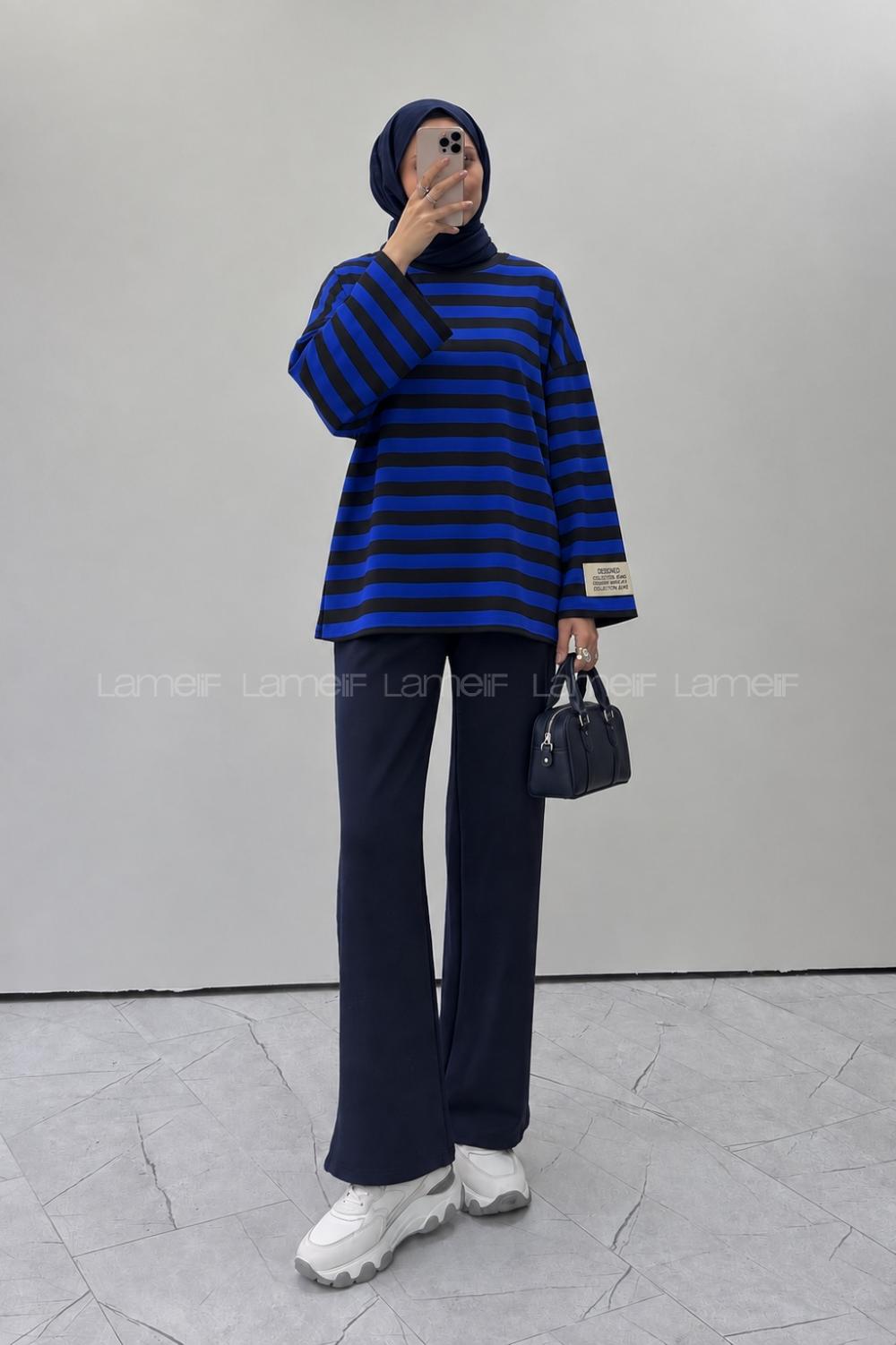 Lamelif Arma Detaylı Çizgili Basic Sweat Mor Siyah