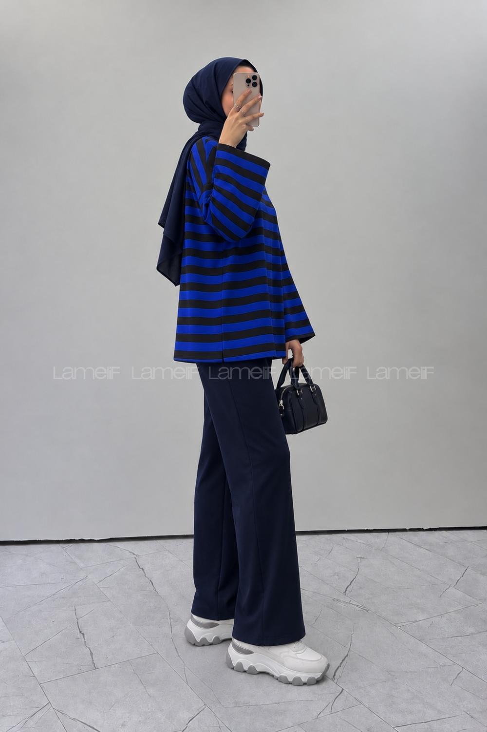 Lamelif Arma Detaylı Çizgili Basic Sweat Mor Siyah