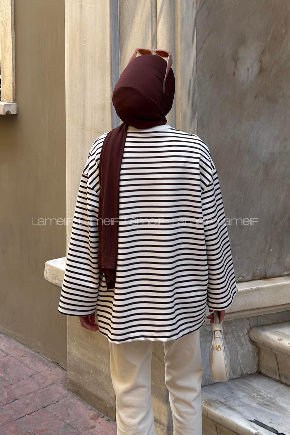 Lamelif Bisiklet Yaka Çizgili Tunik Acı Kahve