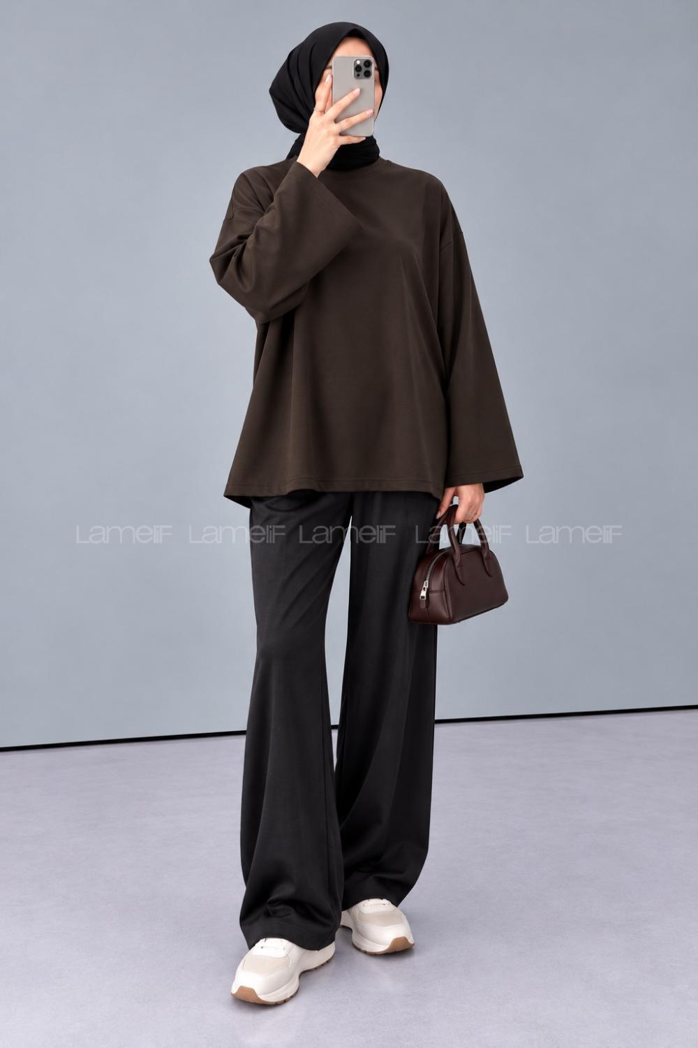 Lamelif Oversize Basic Sweatshirt Acı Kahve