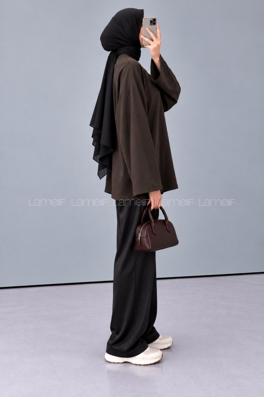 Lamelif Oversize Basic Sweatshirt Acı Kahve