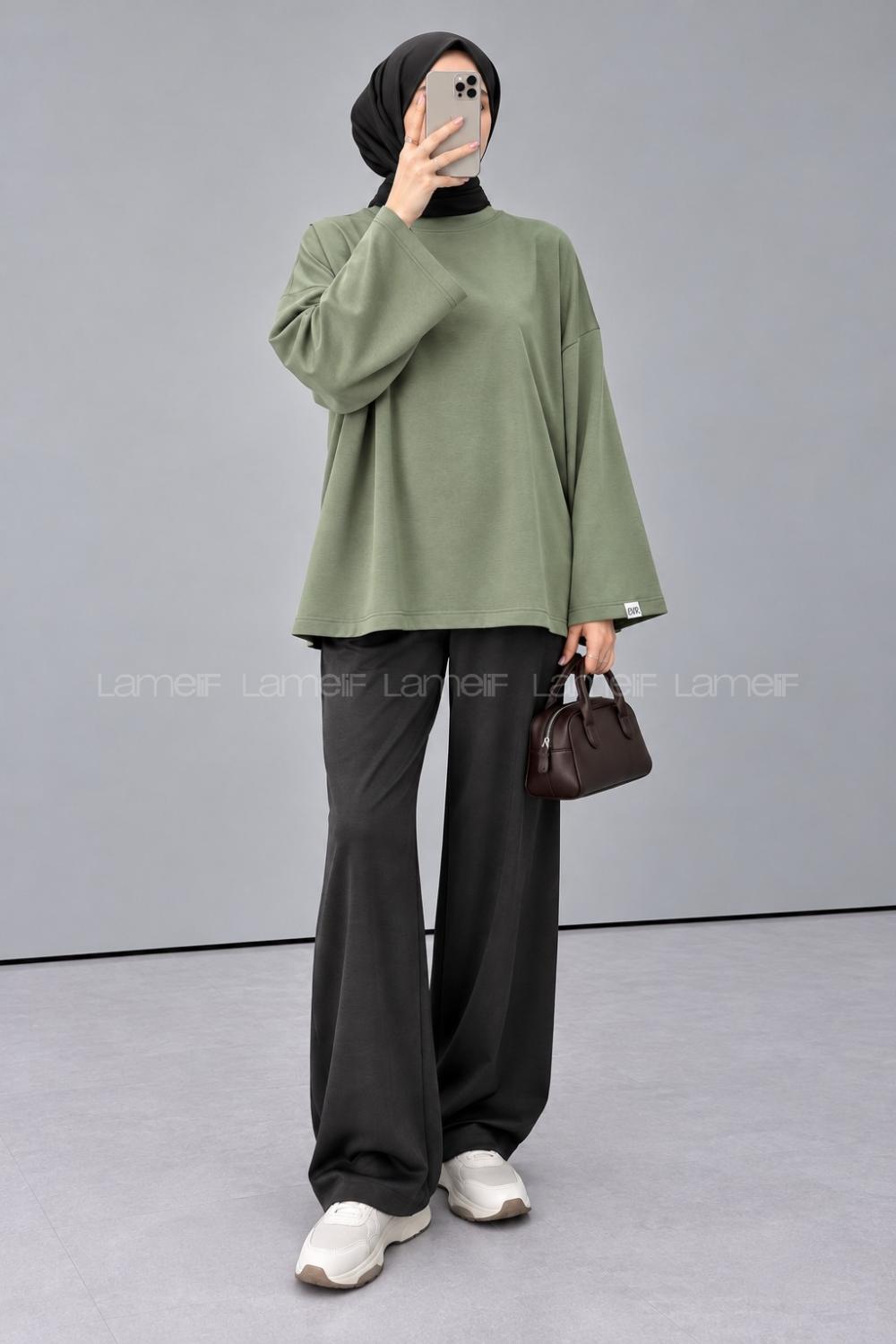 Lamelif Oversize Basic Sweatshirt Haki