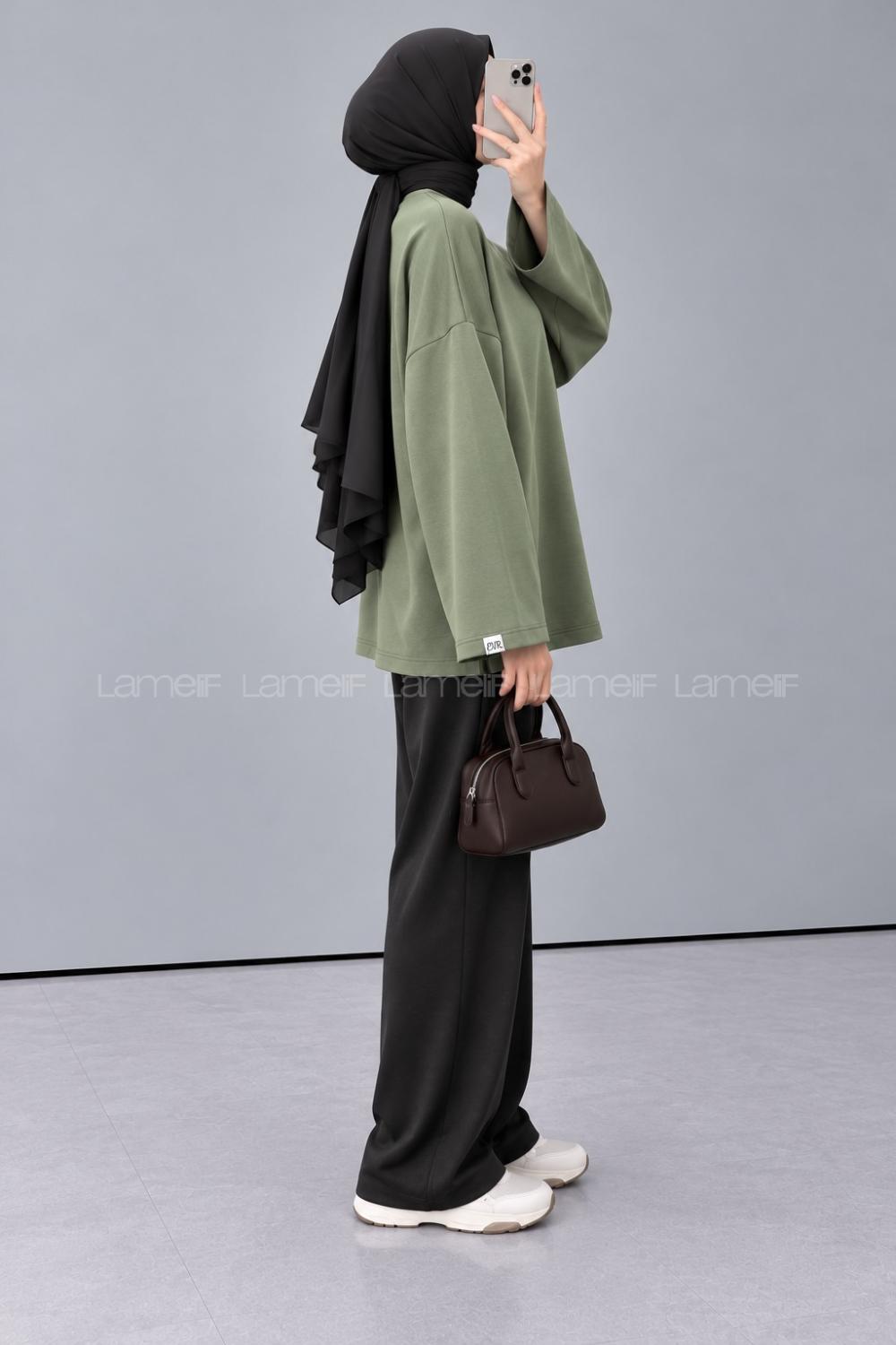 Lamelif Oversize Basic Sweatshirt Haki