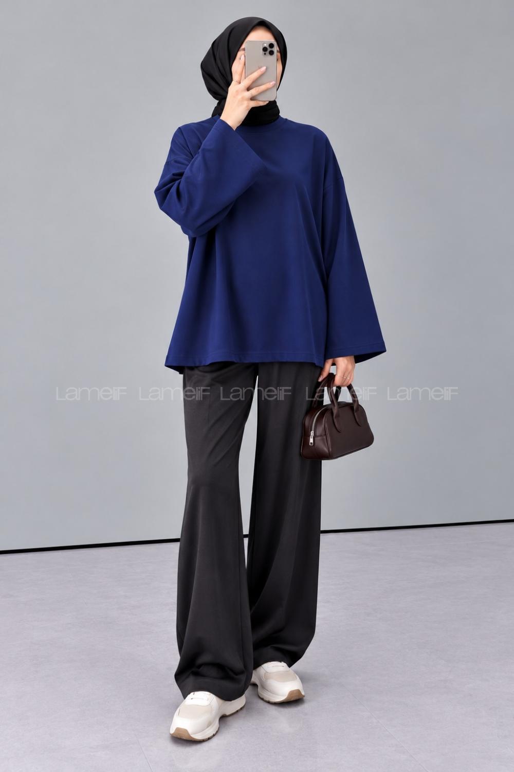Lamelif Oversize Basic Sweatshirt Lacivert