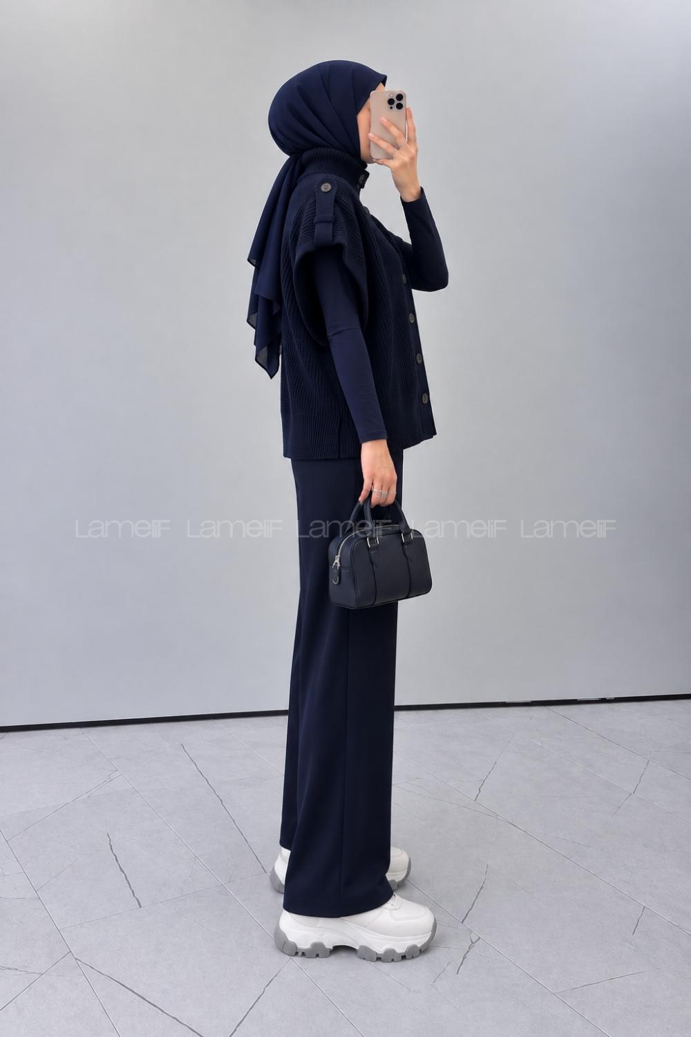 Navy Blue Turtle Neck Sleeveless Arm Buttoned Unprinted Vest